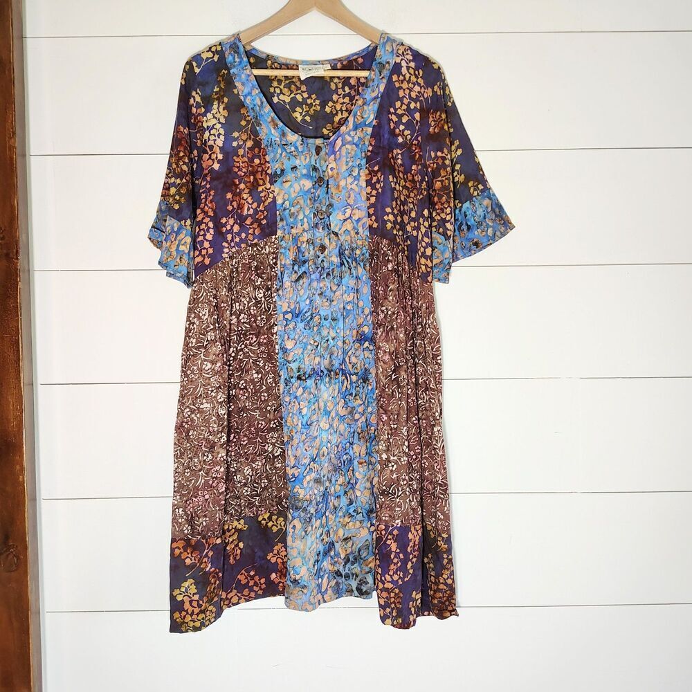 Go Fish Patchwork Tunic Dress Womens Size M Button Front Flowy Boho Hippie Artsy